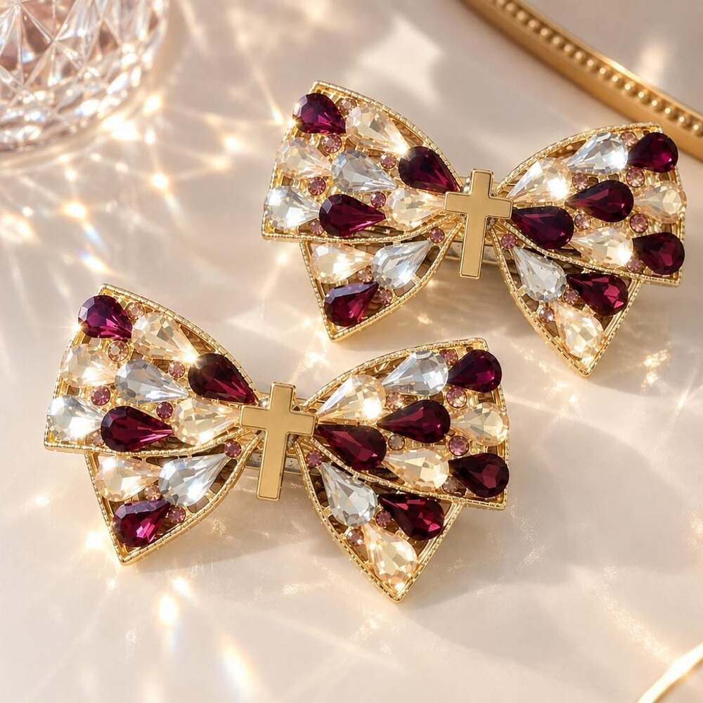 Christian Cross Jeweled Bow Claw Clips Set of 2 Burgundy Gold Rhinestone